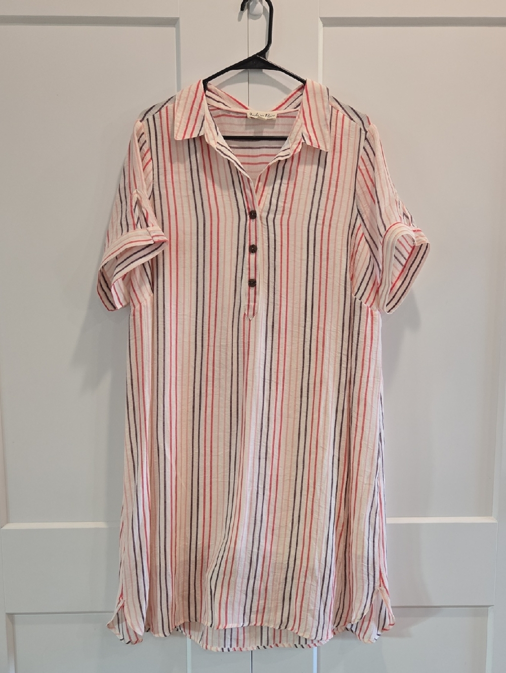 Striped Collared Button Tunic Dress in White with Pink Stripes